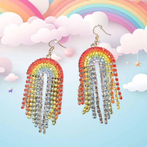 Stunning! Iced Rhinestone Dangle RAINBOW Earrings 🌈 - Picture 1 of 6